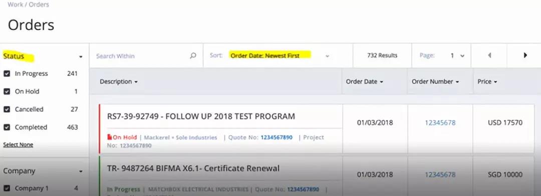 进入订单界面，您可以通过 “Status” 或 “Order Date” 进行筛选